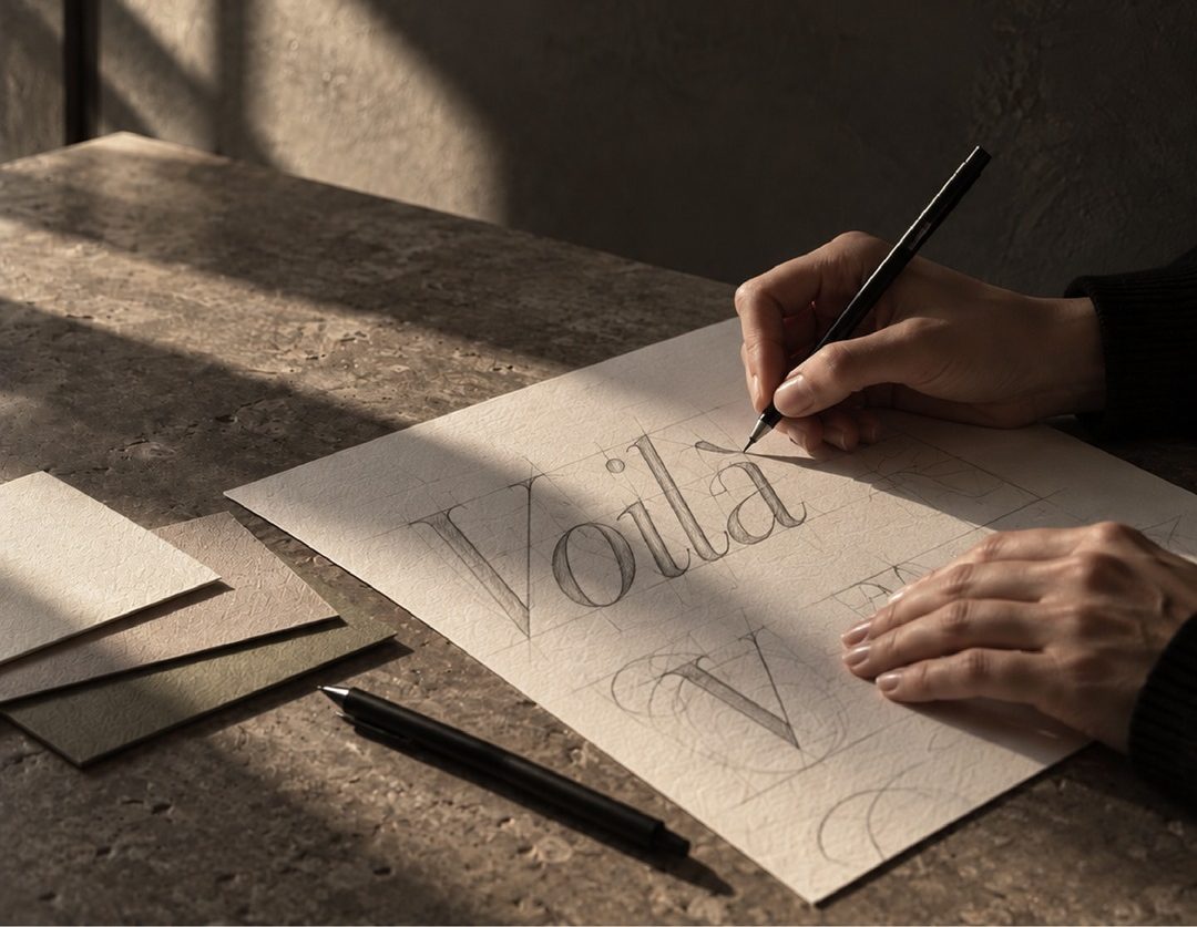 A hand sketching the Voilà wordmark on paper