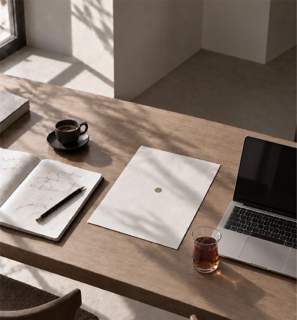 A desk with coffee, paper and a laptop